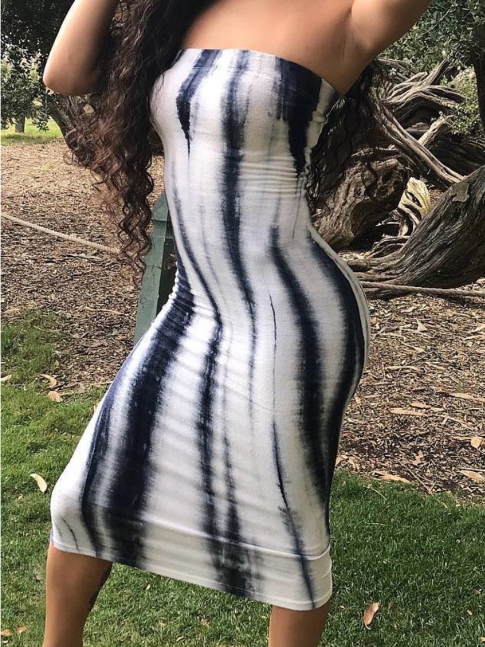ISO: Strapless Black & White Tie-Dye Bodycon Midi Dress